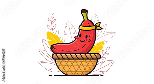 Cheerful Banana Cartoon Character Resting in a Basket with Botanical Illustrations