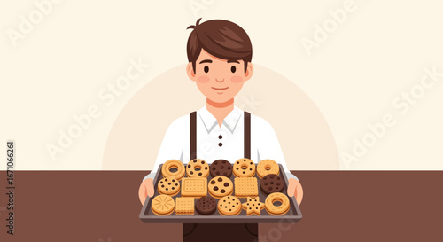 Baker Presenting Assortment Of Cookies On Tray, Ideal For Food, Bakery, Dessert, And Snack Concepts
