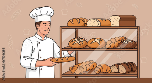 Baker Presenting Fresh Baked Artisan Bread Displayed in a Bakery, Preparing for Sale