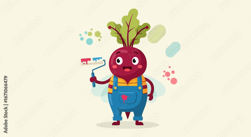 Fototapeta premium Cheerful Beetroot Character Painting with Paint Roller, Smiling and Ready for Action