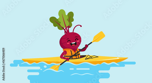 Cheerful Beetroot Enjoying Watersports Adventure in Bright Kayak On Blue Waters