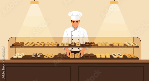 Baker Showcasing Fresh Baked Goods in a Bakery Display, Offering Sweet Treats Daily