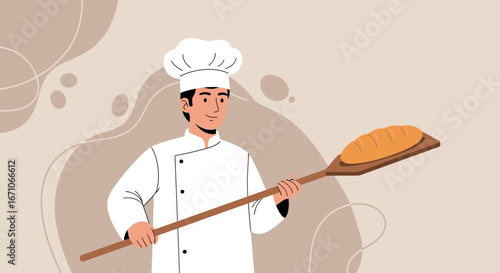 Baker Shows Freshly Baked Loaf Of Bread with A Shovel and A Smile
