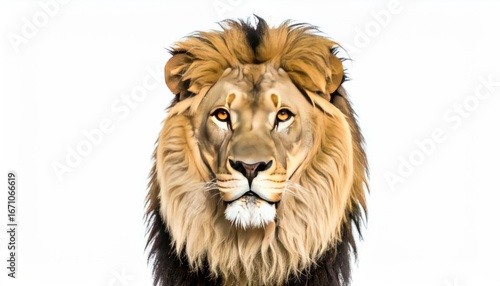 Majestic lion portrait, powerful gaze, golden mane, wild animal, wildlife photography.