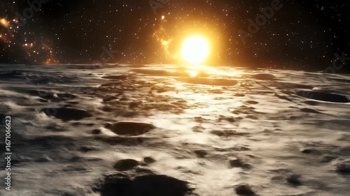 Distant exoplanet discovery visualization, transit light curve. Stunning view of the Moon's surface with sunrise in space