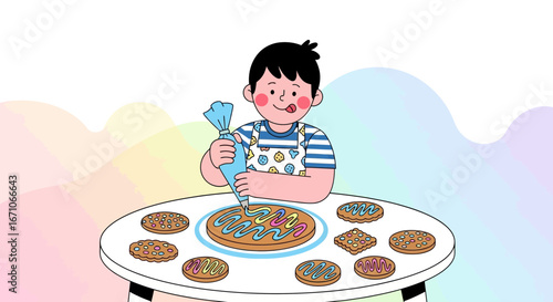 Cheerful Boy Creating Delicious and Colorful Cookies with Icing and Artistic Decor