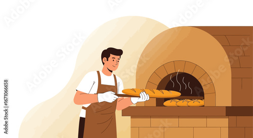 Baker Skillfully Removing A Loaf Of Freshly Baked Bread From The Oven In A Bakery Scene
