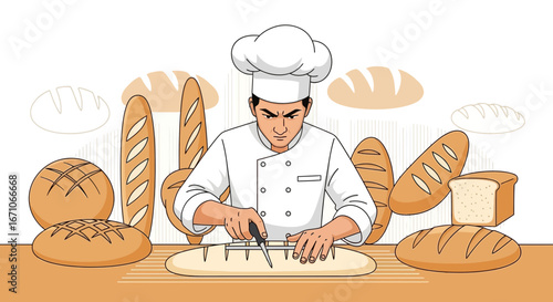 Baker Skilled At Slicing Loaves, Showing Precision And Professionalism, Delicious Fresh Bread