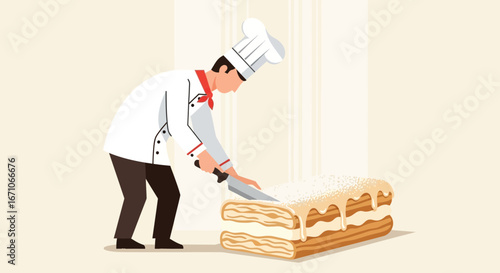Baker Slicing Cake Illustration Shows Culinary Artistry With Layers And Frosting