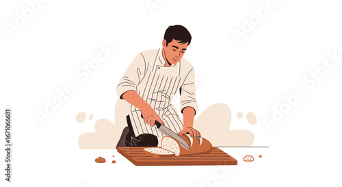 Baker Slicing Fresh Baked Bread on Wooden Board Illustration in Modern Artistic Style
