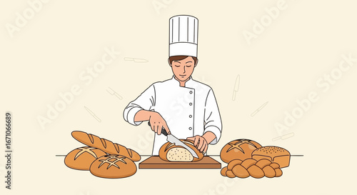 Baker Skillfully Slicing Bread Readying Freshly Baked Loaves For Culinary Delights