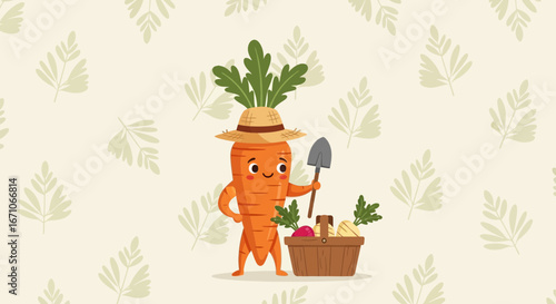 Cheerful Carrot Agriculturist Ready For Harvest With Gardening Tools And Fresh Produce