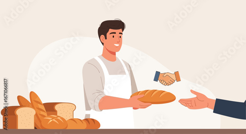 Baker's Sale: Illustrative Depiction of Bakery Deal and Loaf Exchange Handshake Visual