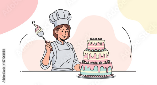 Bakery Chef Adorning a Delightful Multi-Tiered Cake Ready for Celebration