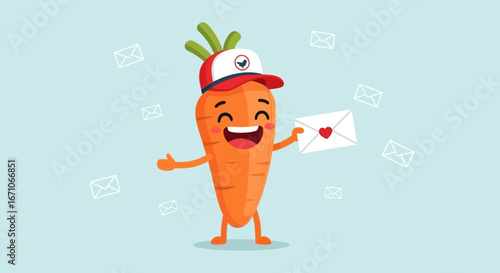 Cheerful Carrot Postman Delivering Love Letters Amidst Floating Envelopes