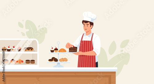 Bakery Chef Presenting Exquisite Pastries, Cakes, and Baked Goods for Customers Everyday