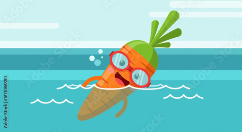 Cheerful Carrot Swimming in the Ocean with Glasses, Enjoying the Summer Sun, Vector Illustration