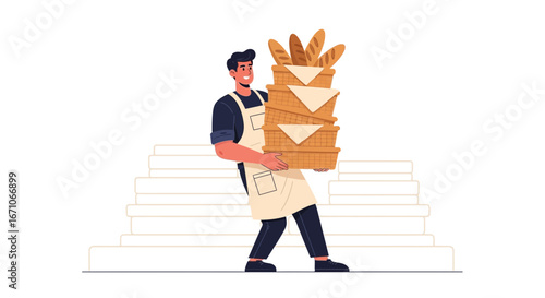Bakery Employee Ascends Steps Carrying Baskets Of Bread, Delivering Freshly Baked Goods