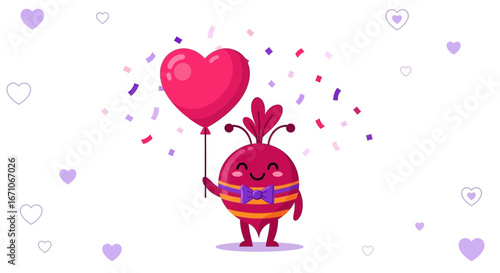 Cheerful Character Holding Heart Balloon With Festive Confetti Surrounded By Loving Symbols