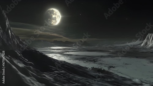 Distant exoplanet discovery visualization, transit light curve. Surreal lunar landscape with a glowing moon over icy terrain