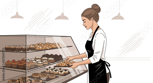 Bakery Worker Arranging Pastries In Glass Display For Delicious And Fresh Offering