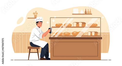 Bakery Worker Polishing The Glass Showcase Of Freshly Baked Bread, Ready For Sale