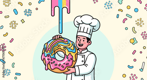 Cheerful Chef Presenting Delicious Donut: A Colorful Illustration for Confectionery Delights