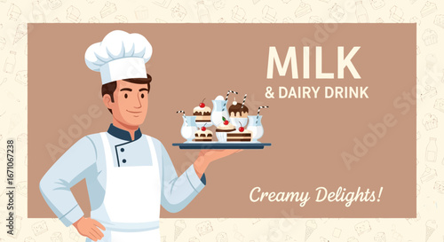 Cheerful Chef Presenting Sweet Dairy Beverages and Creamy Desserts in Artistic Illustration