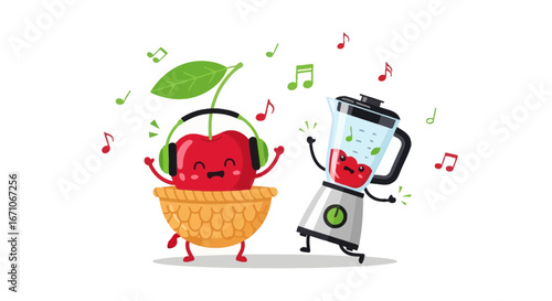 Cheerful Cherry And Blender Grooving Together To The Musical Notes In Vibrant Illustration