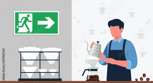 Barista Brewing Coffee and Themed Signage for Emergency Exit Illustrative Concept