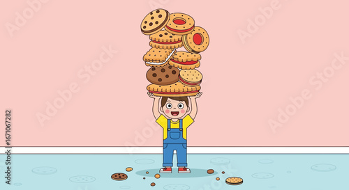 Cheerful Child Balancing A Tower Of Tasty Cookies, Delightful Image for Food Lovers