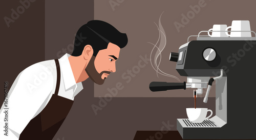 Barista Crafting Coffee: Aromatic Steam Envelops Aromatic Brew in Modern Coffeehouse