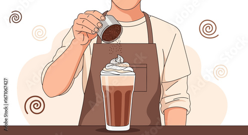 Barista Crafting Delicious Beverage with Whipped Cream and Chocolate Sprinkles Presenting