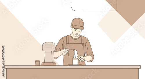 Barista Crafting Fresh Coffee in Minimalist Illustration with Beige Tones Design