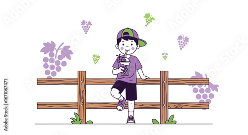 Cheerful Child Enjoying Grape Juice in a Refreshing Vineyard Illustration