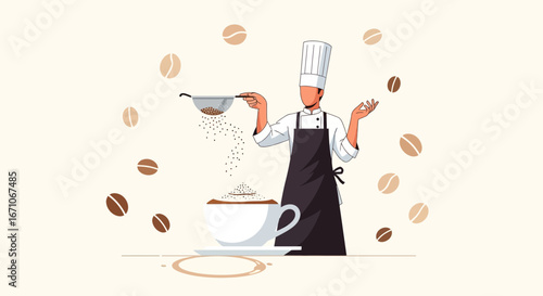 Barista Crafting Exquisite Coffees Featuring Coffee Beans and Sizzling Coffee Designs