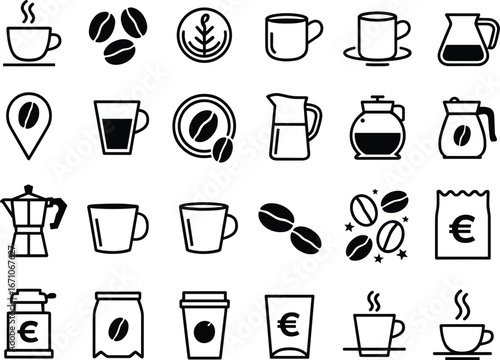 Coffee Icons Collection Featuring Beans Cups Mugs Pots And Euro Symbol espresso
