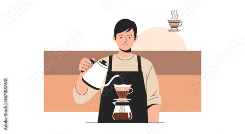 Barista Pouring Hot Water Into Coffee Filter, Brewing Fresh Beverage Process Illustration