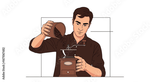 Barista Preparing Coffee Beans for Grinding in the Coffee Grinder, Artwork Illustration