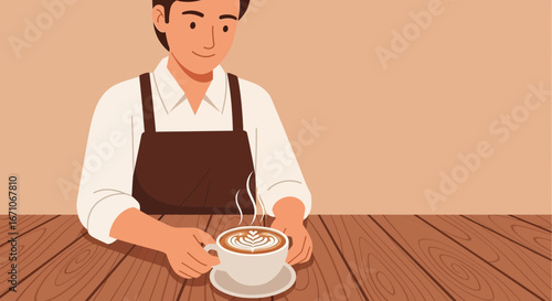 Barista Presenting Freshly Brewed Latte Art in a Cozy Coffee Shop Atmosphere