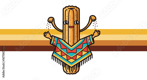 Cheerful Churro Character Wearing Poncho Sprinkling Sugar with Retro Striped Background.