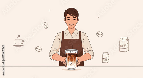 Barista Presenting Iced Coffee Drink Professionally in a Refreshing And Modern Illustration
