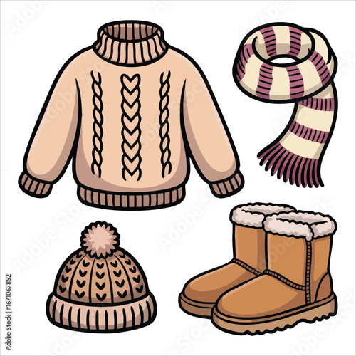seasonal knitwear sketch set with ugg boots vector art isolated on white background