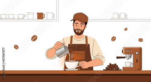 Barista Skillfully Crafting A Latte: Coffee Pouring Illustration With Warm Color Palette