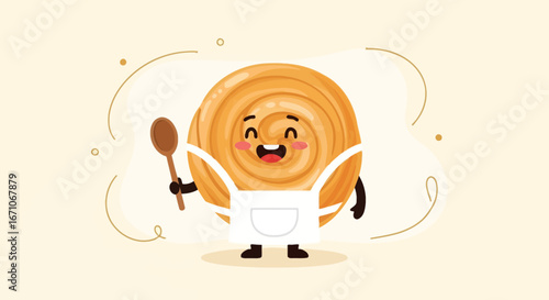 Cheerful Cinnamon Roll Chef Ready To Bake With Spoon In Apron Cartoon Illustration