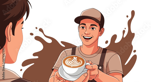 Barista Smiling While Presenting Coffee To Customers With Artistic Coffee Art
