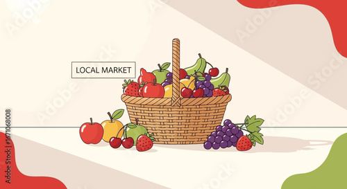 Basket Of Fresh Fruits Harvested At The Local Market On White Background Illustration