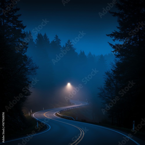 Foggy road winding through forest at night