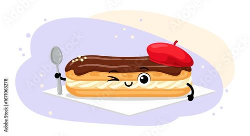 Cheerful Eclair Character Smiling Wearing A Red Beret Holding A Spoon Dessert Icon