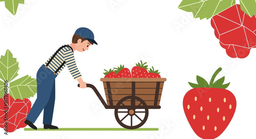 Cheerful Farmer Transporting Ripe Strawberries in Wooden Wheelbarrow on White Background